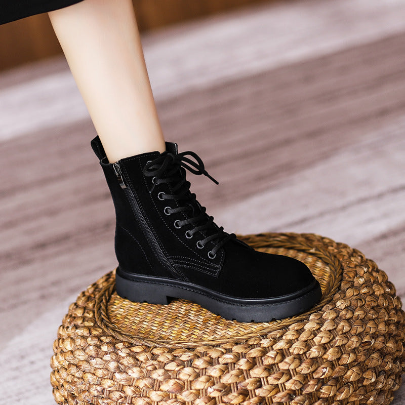 Women's Genuine British Style Frosted Mid Flat Boots