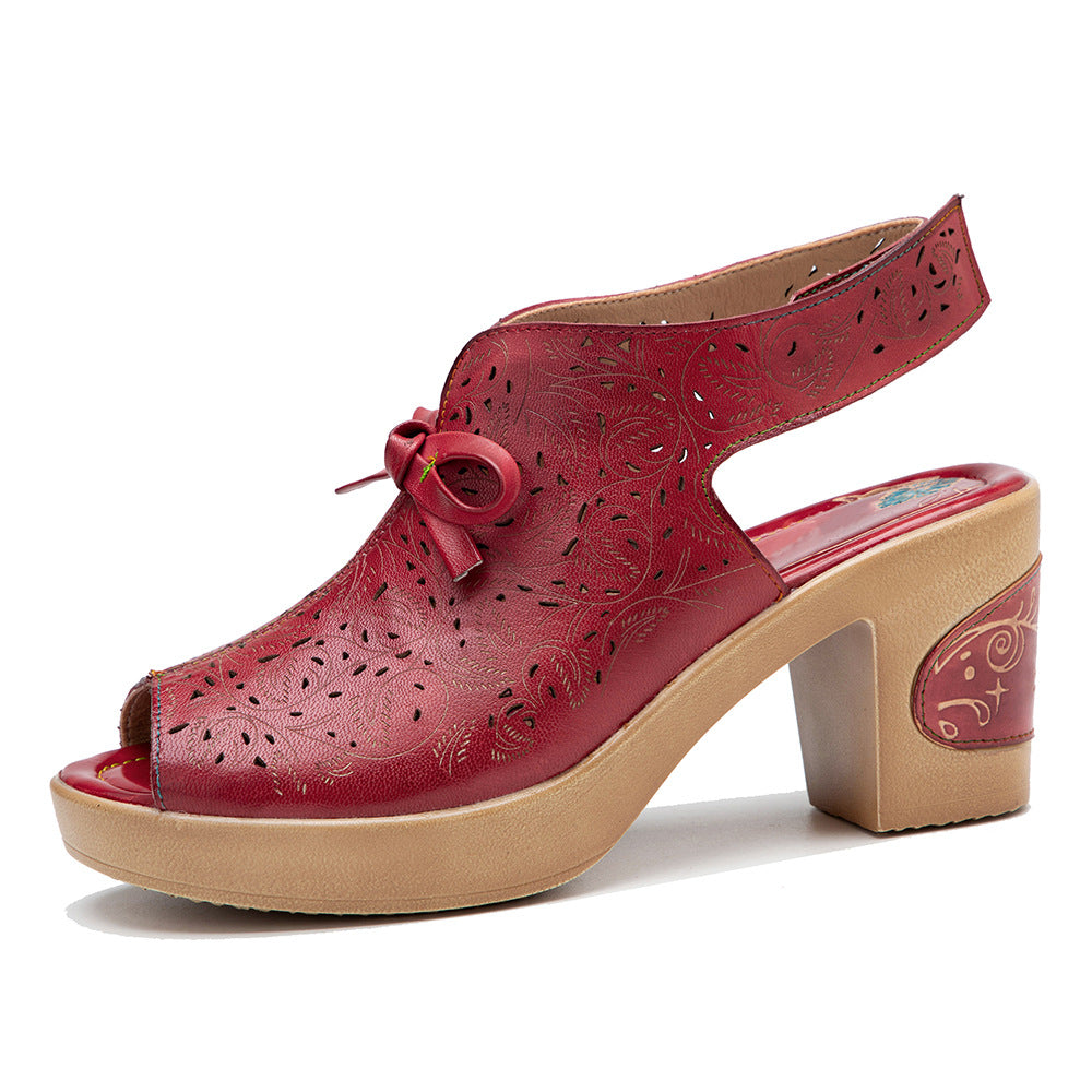 Genuine Hand-rub Color Retro Hollow Comfort Heels