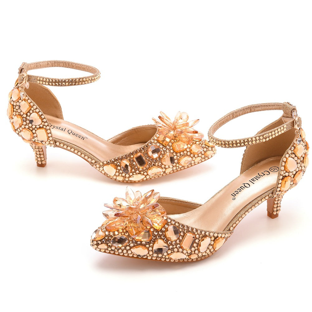 Women's Stiletto Pointed Glass Flower High Champagne Gold Heels