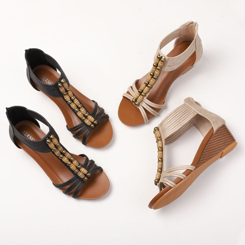 Women's Retro Wedge Bohemian Holiday Back Zipper Sandals