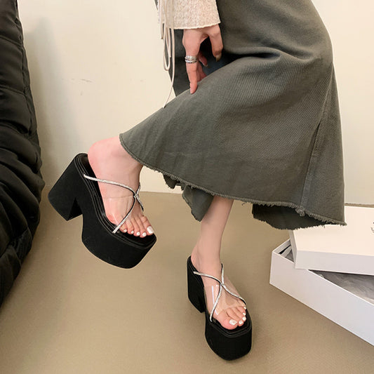 Platform Wedge Super High Transparent Rhinestone Slippers
