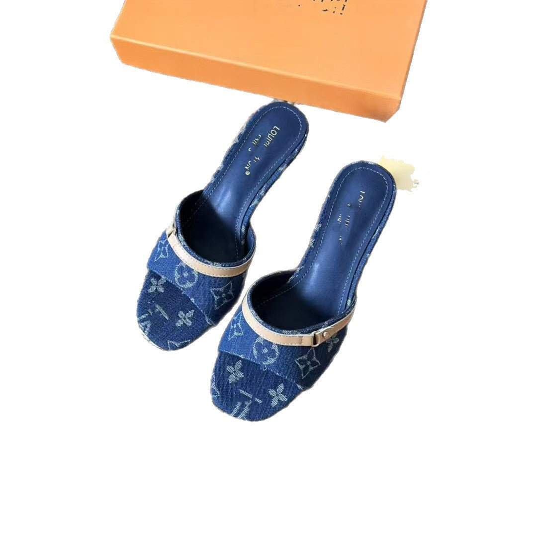 High Super Popular Denim Embroidered Printed Heels