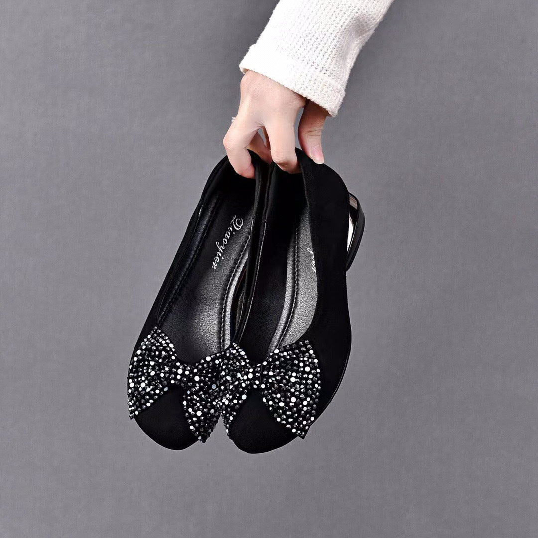 Women's Korean Style Bow Rhinestone Black Slip-on Shallow Mouth Pumps Round Women's Fashion Shoes