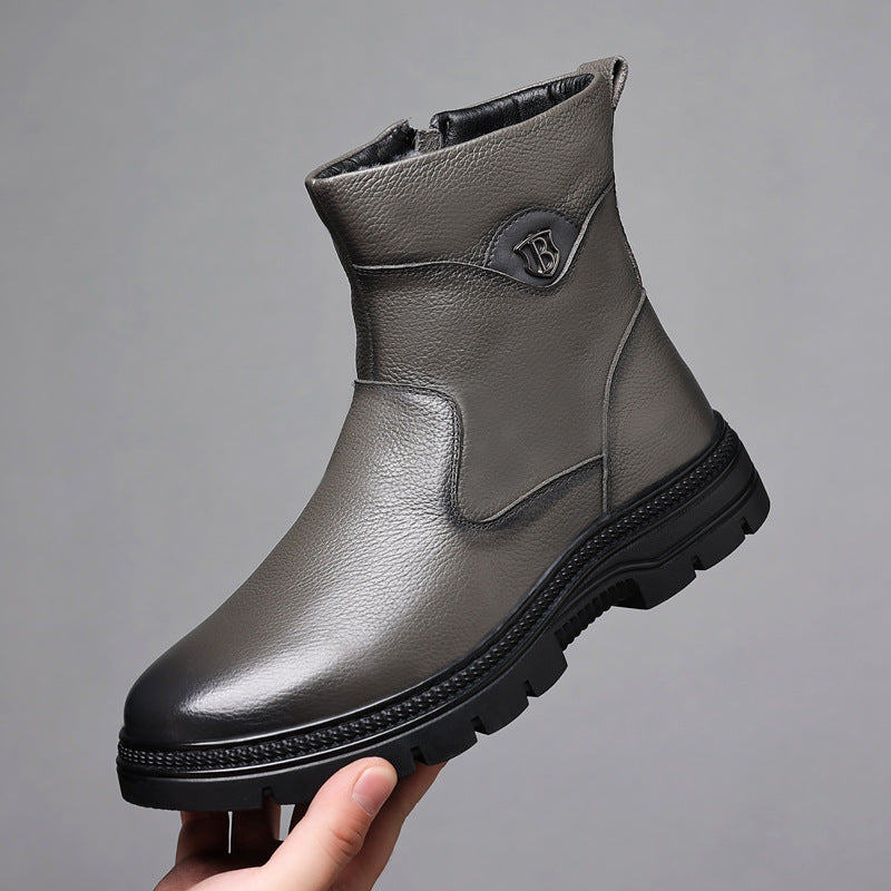 Men's Layer Cowhide Cotton Wool Fleece-lined Warm Boots