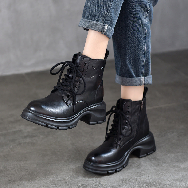 Women's Grip Pattern Top Layer Cowhide Platform Martin Boots