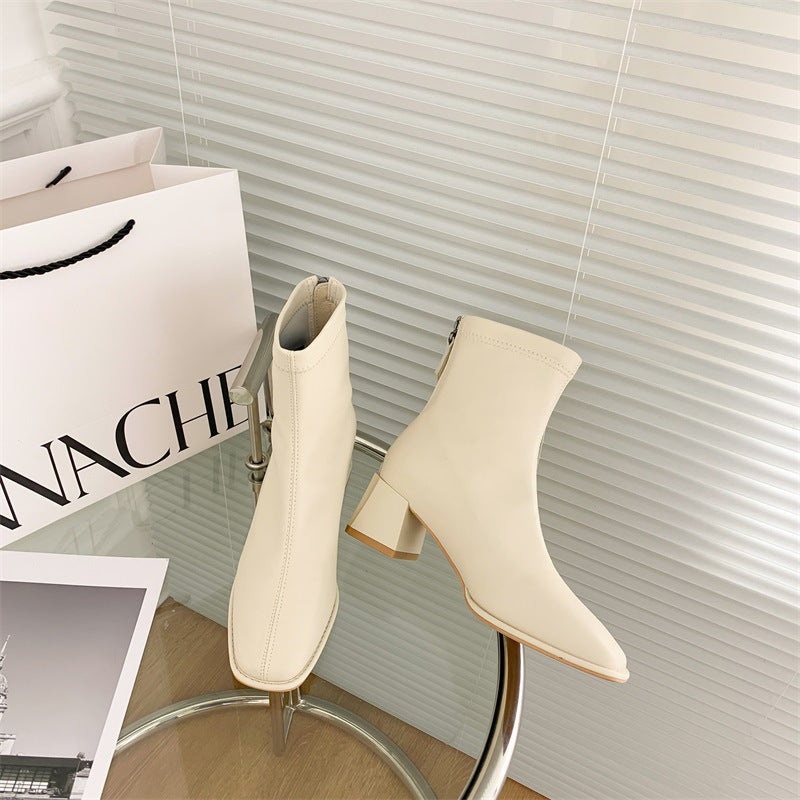 Women's Cowhide Style Skinny White Stretch French Boots