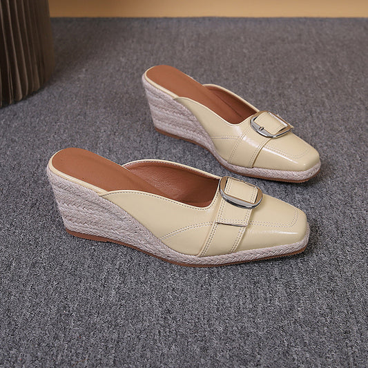 Women's Toe Wedge Closed Buckle High Platform Straw Woven Slippers