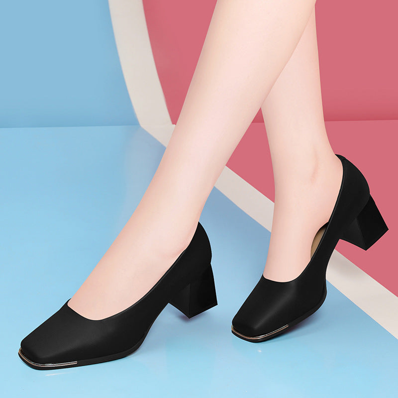 Women's High Low-cut Square Toe Soft Bottom Chunky Professional Women's Shoes