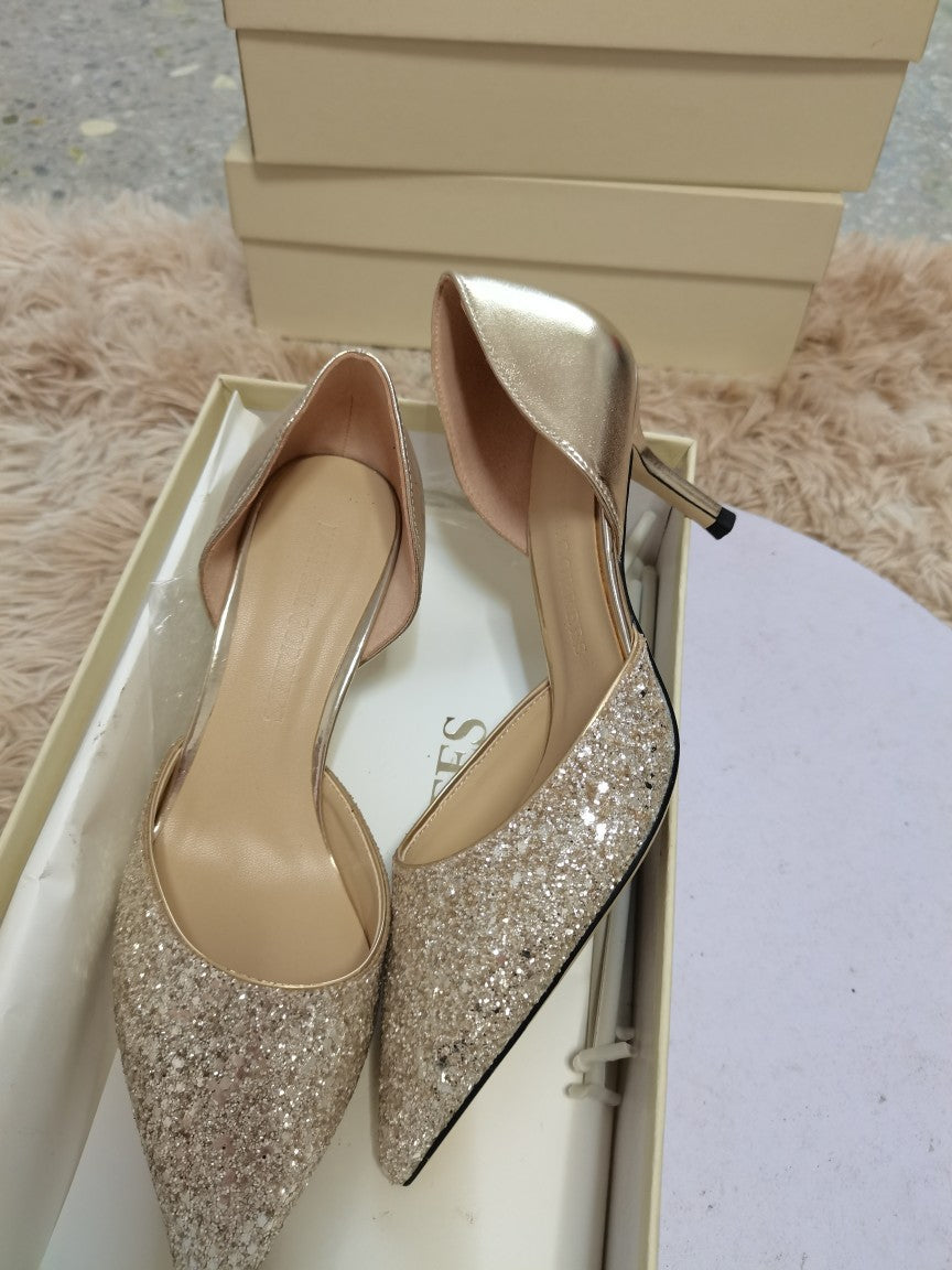 Women's Wedding Pointed Stiletto Stitching Genuine Sequined Temperament Leather Shoes