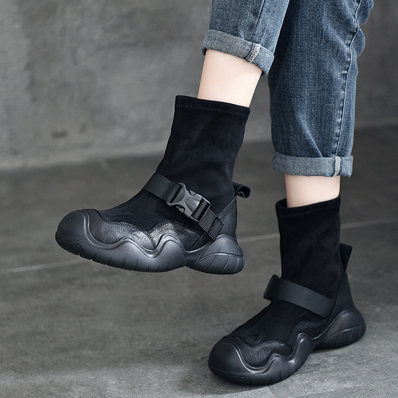 Riding First Layer Cowhide Retro Style Thick Bottom Boots
