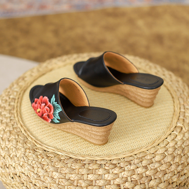 Women's Peony Embroidered Summer High Peep Toe Heels