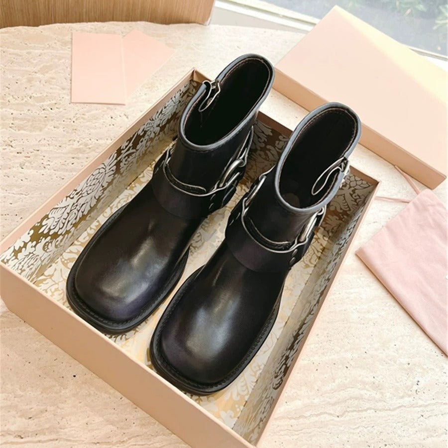 Women's Denim Metal Belt Buckle Booties Mid Boots