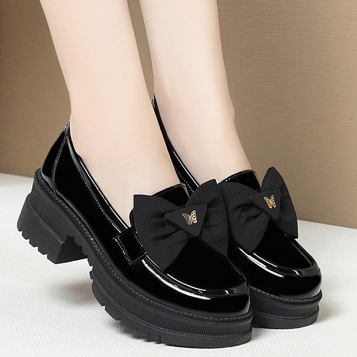 Women's Patent Bow Pumps Chunky Platform British Loafers