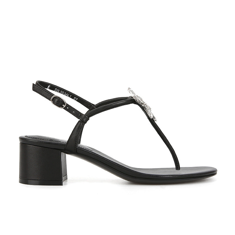 Women's Rhinestone Buckle With Clip Toe Chunky Fashion Heels