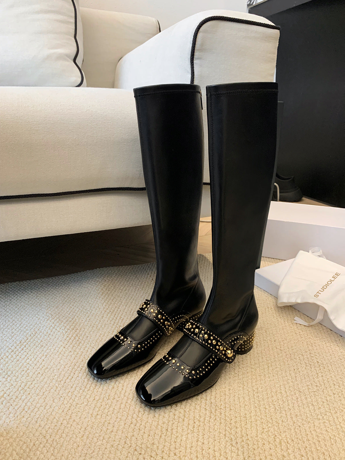 Women's Mom Temperament Square Toe Rivet Strap Boots