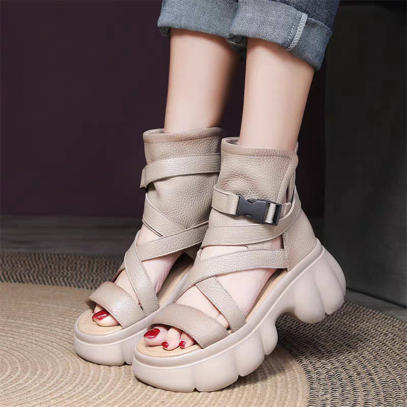 Women's Thick Bottom First Layer Cowhide Roman Sandals