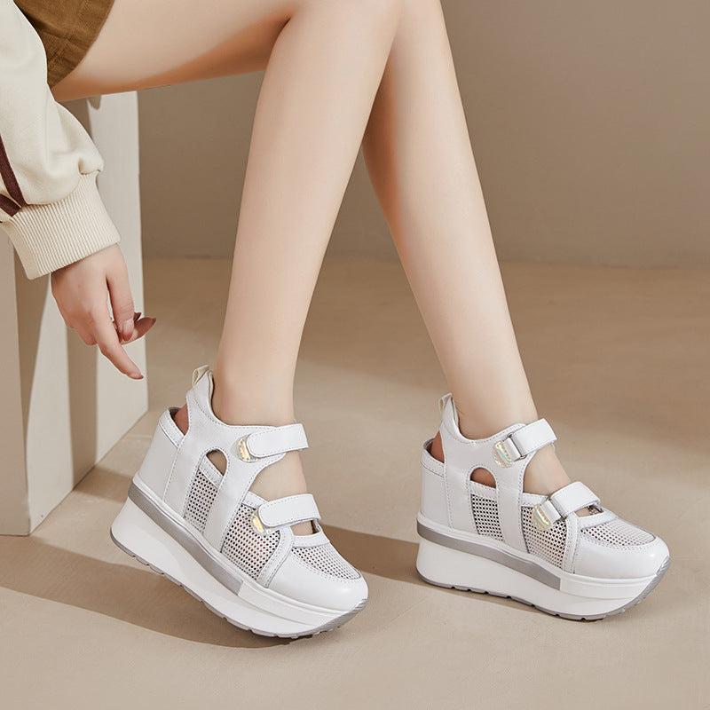Platform Top Layer Cowhide Mesh White Sandals