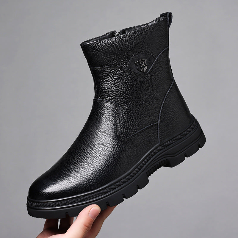 Men's Layer Cowhide Cotton Wool Fleece-lined Warm Boots