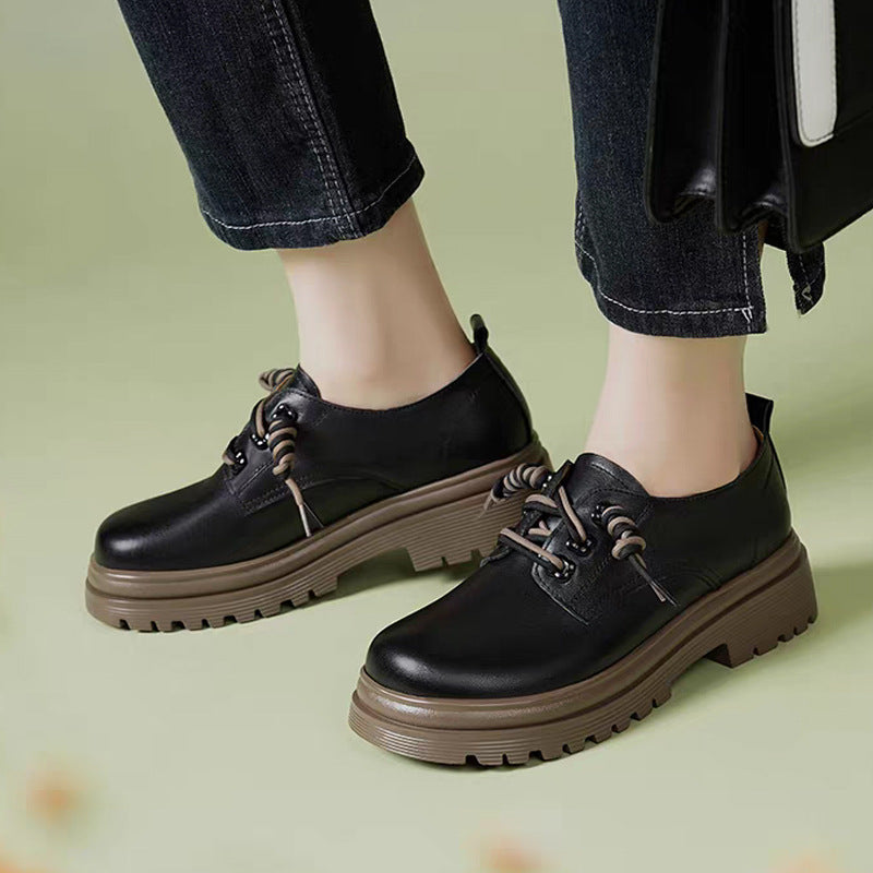 Women's Authentic Spring Platform Cowhide British Style Dissoed Black Leather Shoes