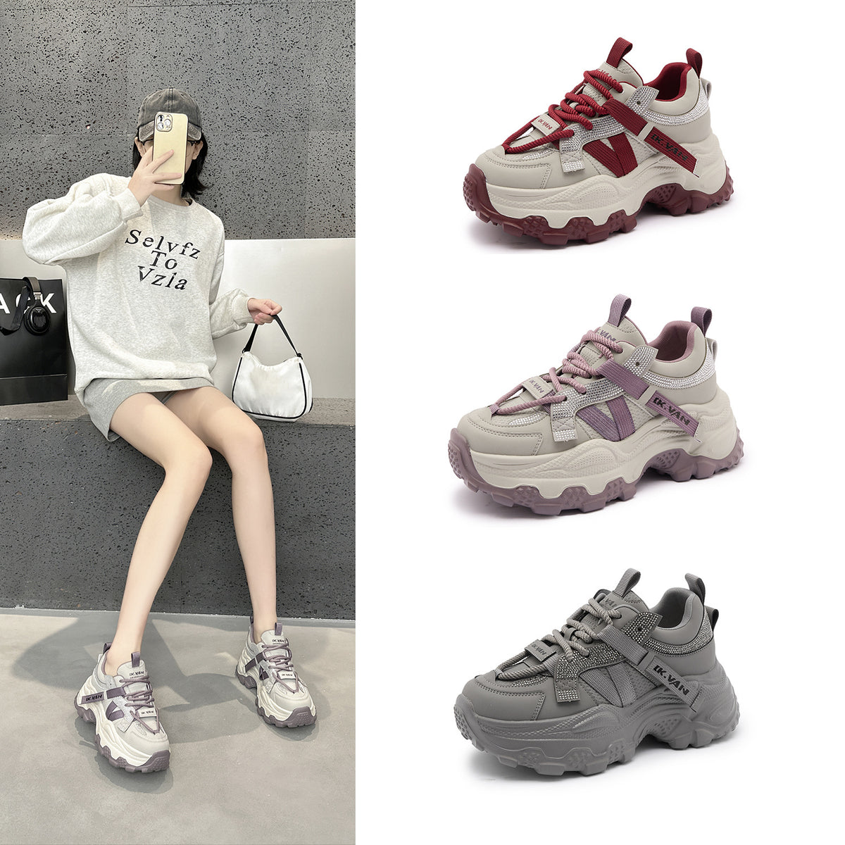 Women's Spring Rhinestone Platform Dad Height Increasing Women's Casual Shoes