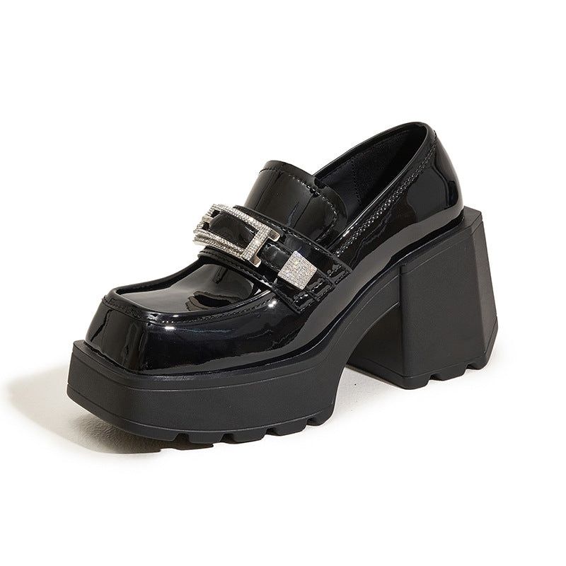 Women's Platform Height Increasing Slip-on Chunky Black Loafers