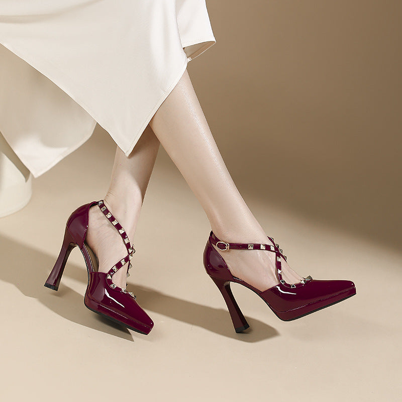 Women's Cross Rivet Pointed Toe Stiletto High Waterproof Platform Heels