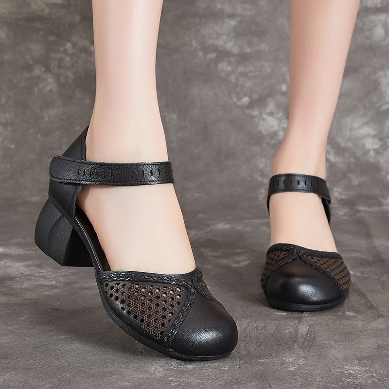 Women's Summer Top Layer Cowhide Thick Soft Bottom Heels