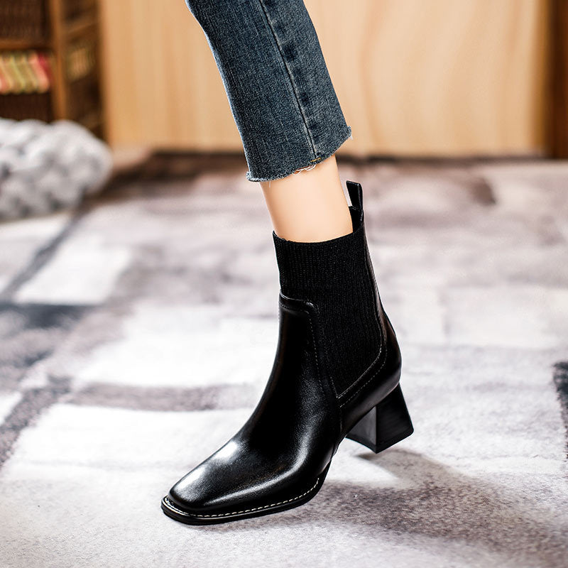 Women's Square Toe Booties High Socks Knitted Boots