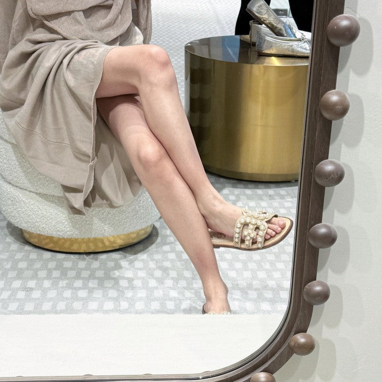 Women's Head Pearl Shell Straw Flat Outer Slippers