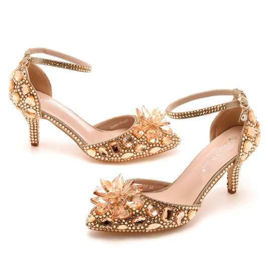 Women's Plus Size Stiletto Pointed Crystal Glass Flower High Champagne Heels