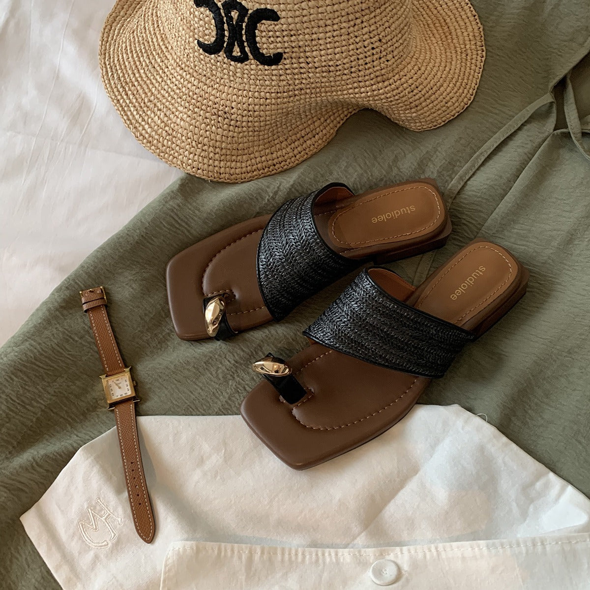 Women's Sheepskin Version Genuine Chunky Vacation Style Straw Flip-flops Summer Heels