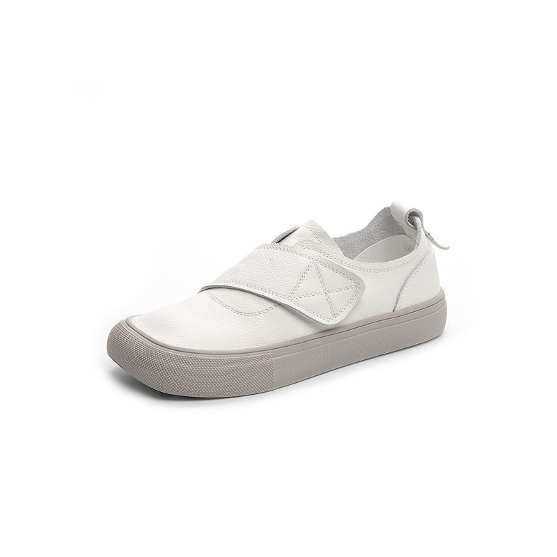 Women's Spring Cowhide Solid Color Square Toe Velcro Sneakers