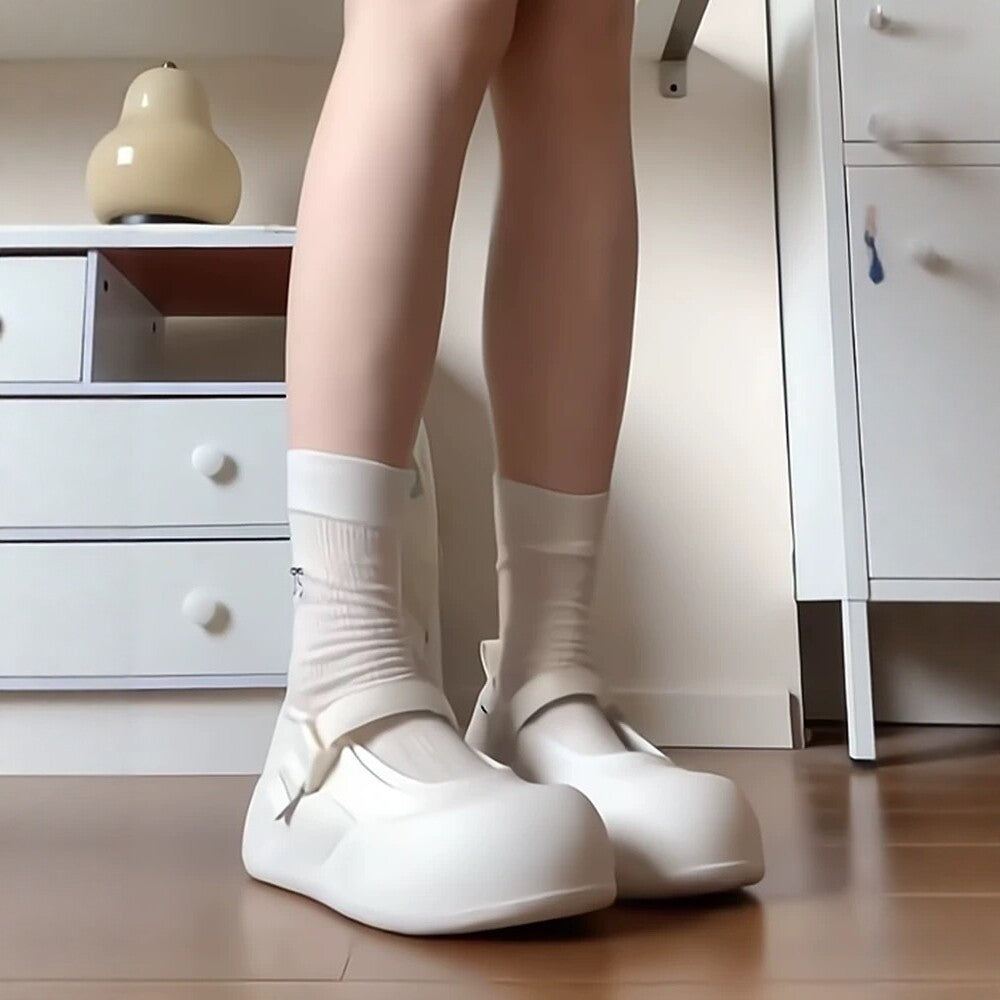 Women's Jane Platform White Round Toe Shallow Mouth Velcro Soft Bottom Women's Casual Shoes