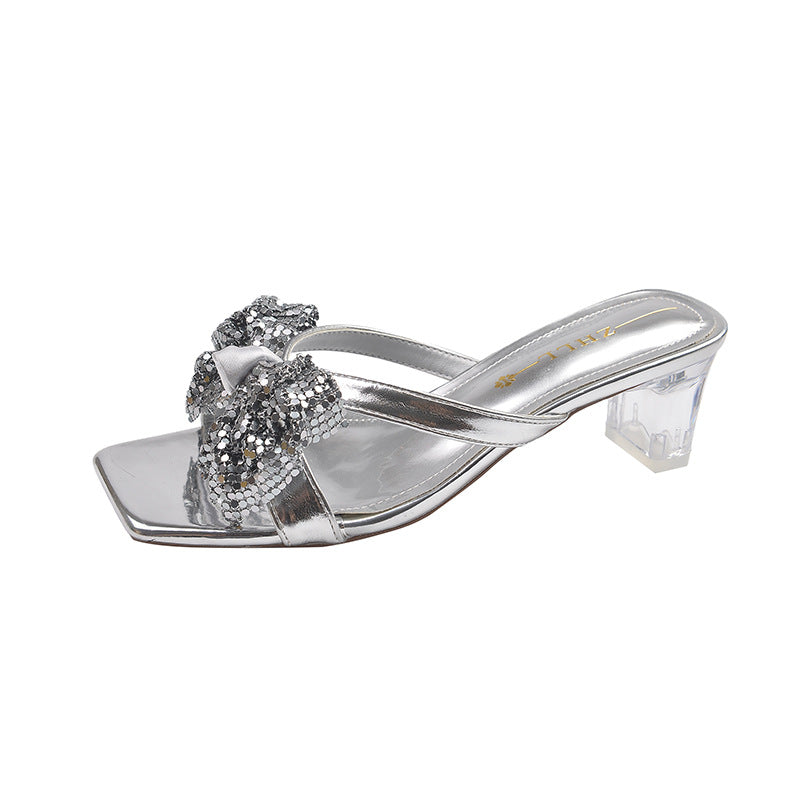 Women's High Summer Outdoor Crystal Chunky Widened Heels