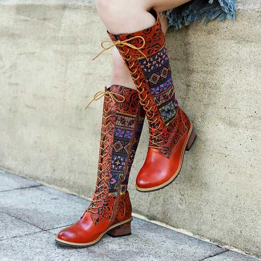 Women's Hand-rub Color Genuine American Retro Print Boots