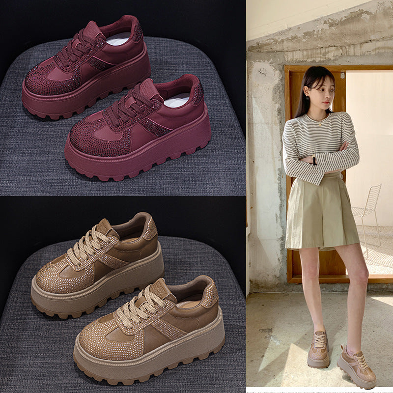 Women's Thick Bottom Spring Height Increasing Retro Frosted Plus Rhinestone Fashion Women's Shoes