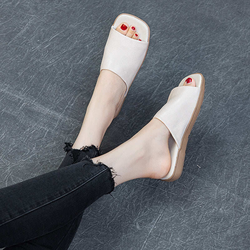 Women's First Layer Cowhide Summer One-word Artistic Retro Outer Sandals