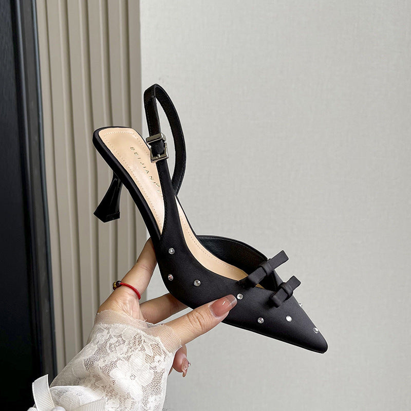 Women's Satin Diamond Pointed High Stiletto Temperament Word Strap Closed Heels