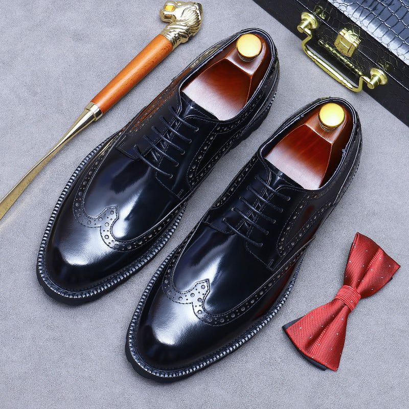 Men's Glossy Cowhide Business Genuine Thick Bottom Round Toe Leather Shoes