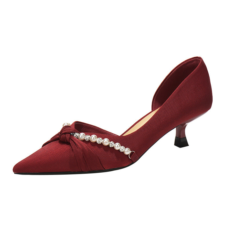 Women's Red Satin Pointed High Stiletto Twisted Women's Shoes