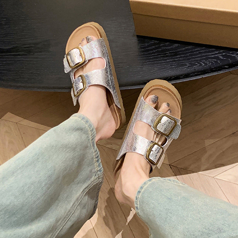 Women's High-rise Beach Retro Double Buckle Short Slippers