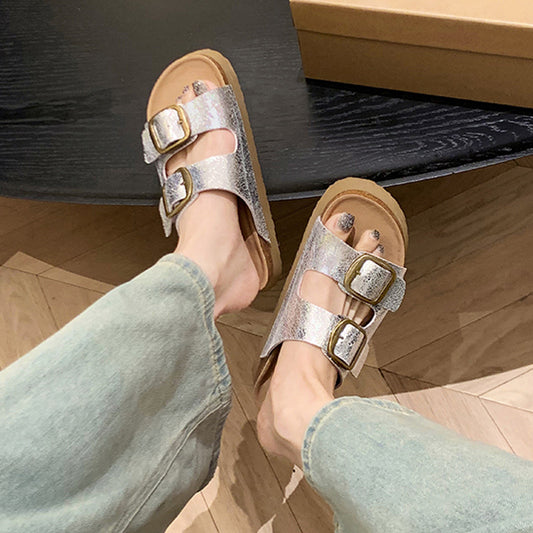 Women's High-rise Beach Retro Double Buckle Short Slippers