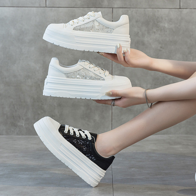Women's Summer Platform Fashion Lace Mesh Versatile Elegant White Casual Shoes