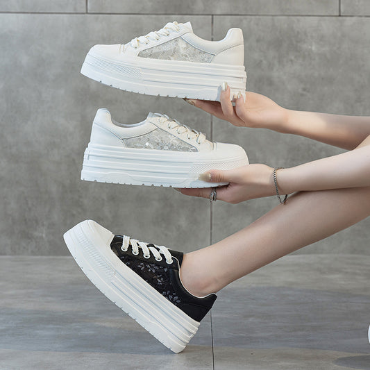 Women's Summer Platform Fashion Lace Mesh Versatile Elegant White Casual Shoes