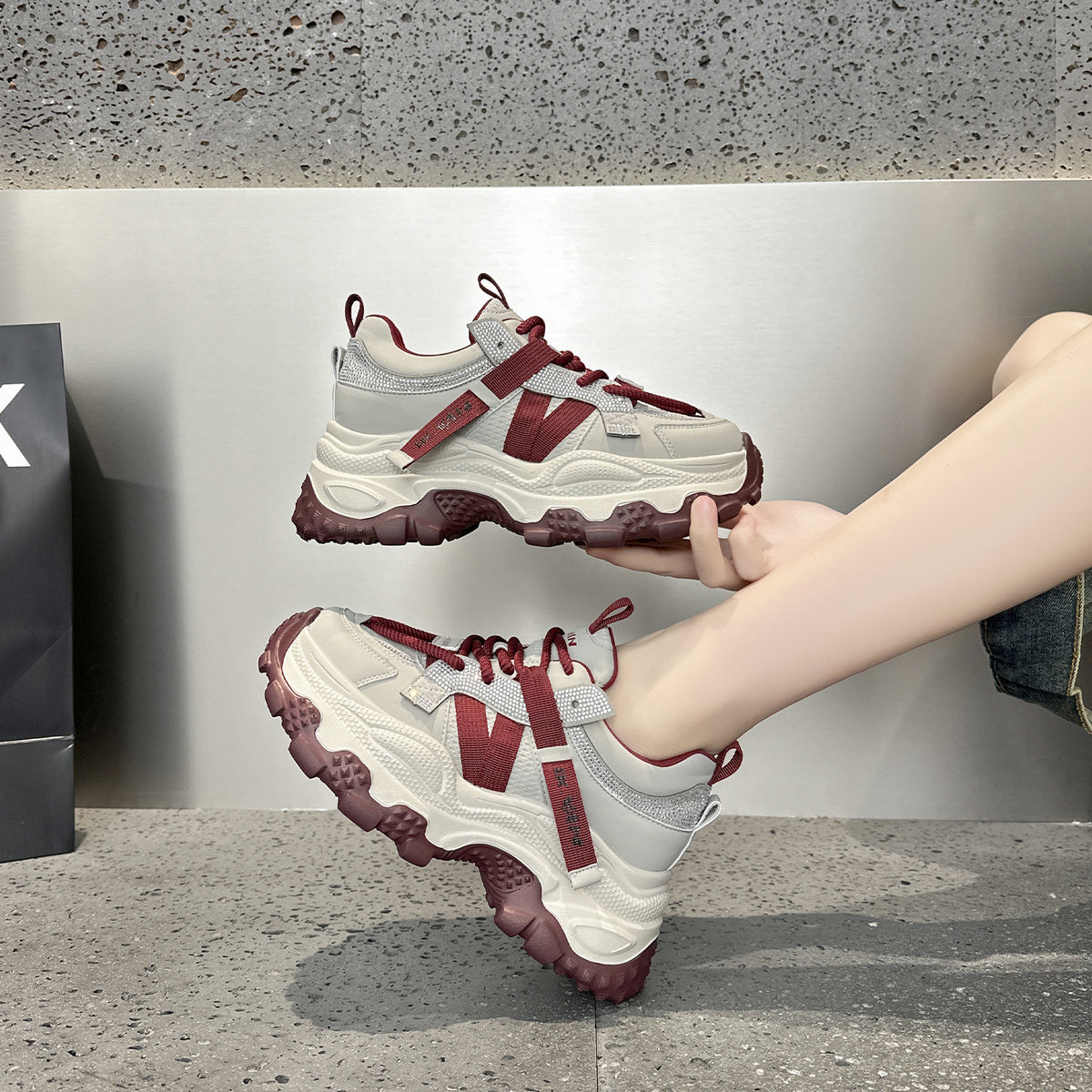 Women's Spring Rhinestone Platform Dad Height Increasing Women's Casual Shoes