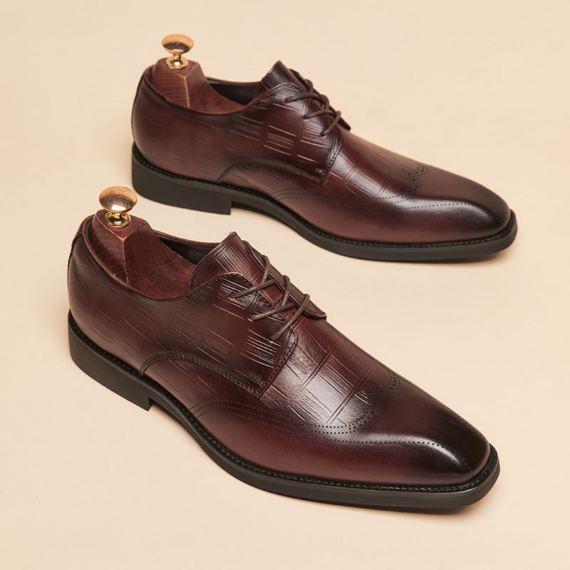 Men's Genuine Square Toe Brogue Derby First Layer Cowhide Business Leather Shoes