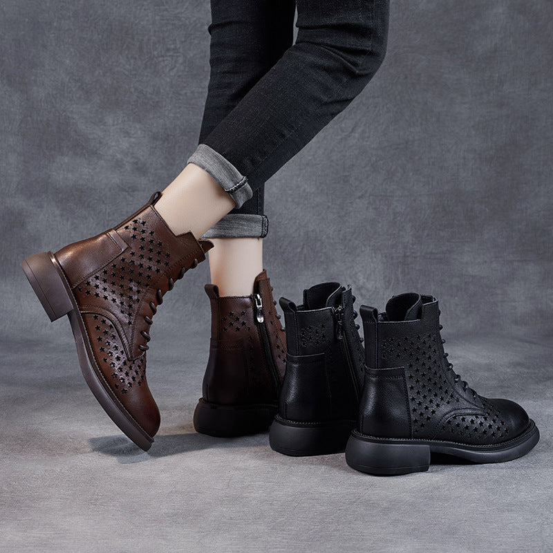 Women's Layer Cowhide Hollow Ankle Retro British Boots