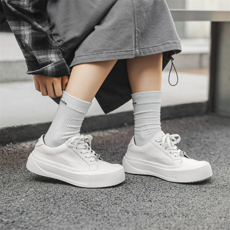 Men's White Platform Height Increasing Commuter Couple Leather Shoes