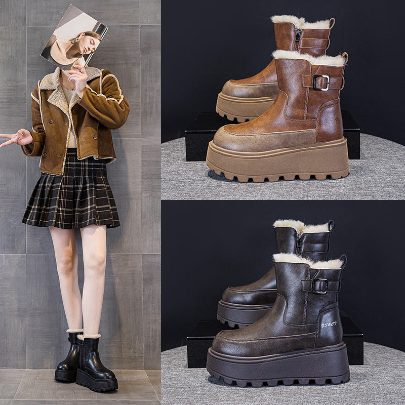 Women's Genuine Platform Martin Small Fleece-lined British Style Retro Boots