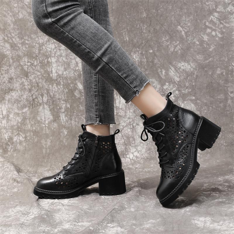 Women's Cowhide Cool Round Head Chunky Bottom Heels